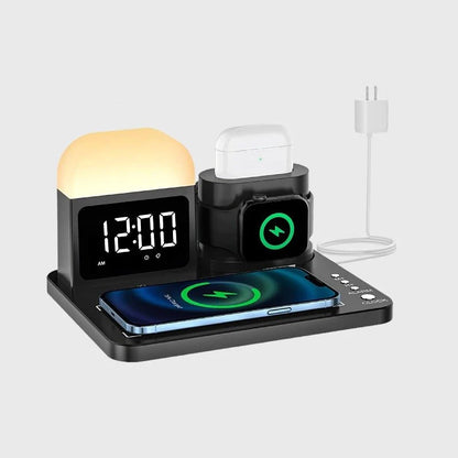 محطة شحن لاسلكية 5 في 1 مع ضوء ليلي ومنبه